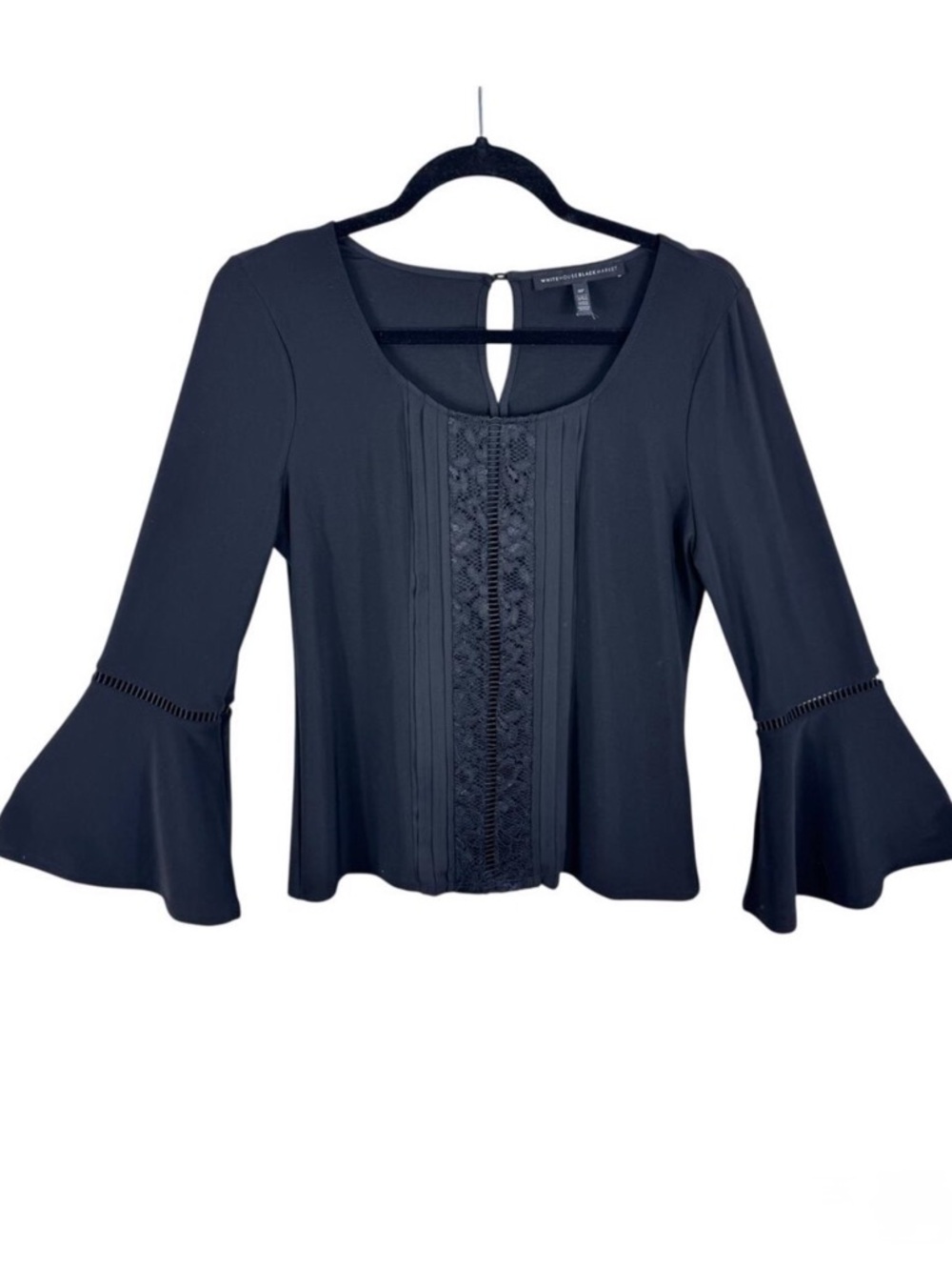 White House Black Market Black Long Bell Sleeve Lace Pleated Blouse Size SP